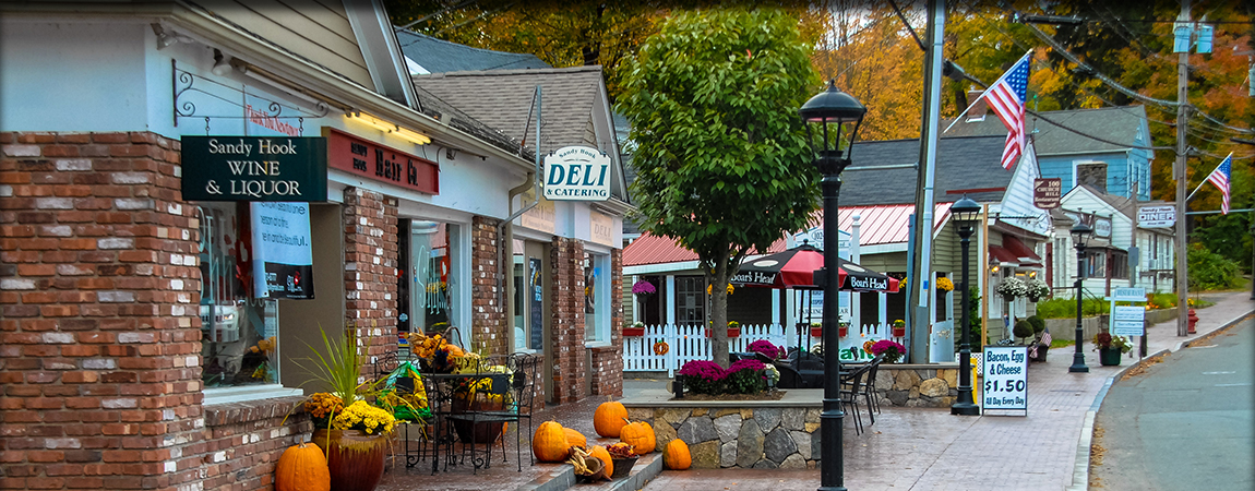 Downtown Sandy Hook streetscape with Sandy Hook Wine and Liquor